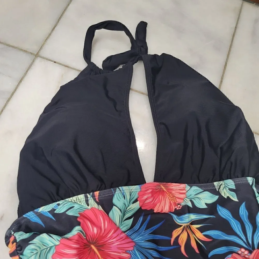 Women's Floral Print Cut Out Halter Swimsuit  Ruched Tie Neck Backless, Sz XL